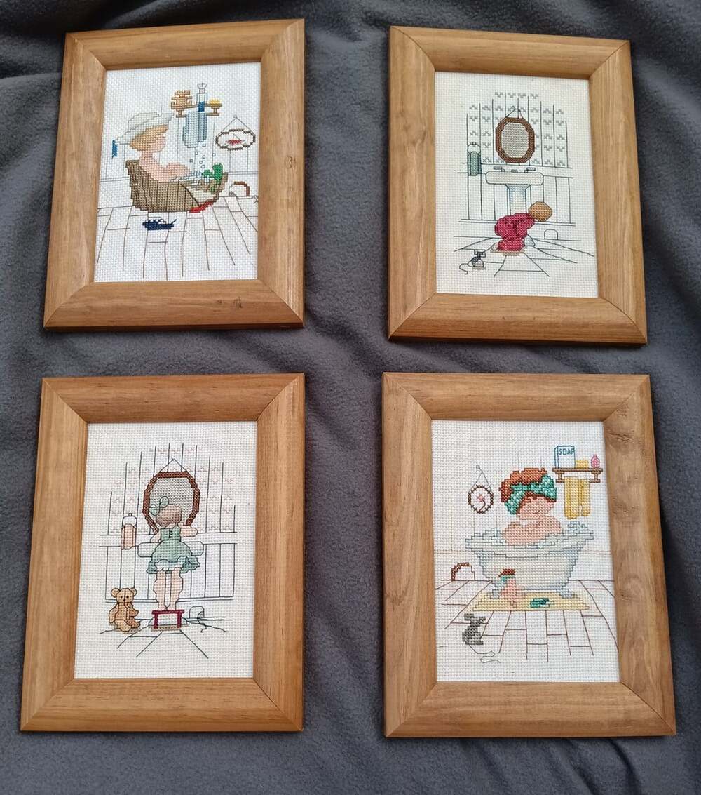 Alma Lynne POTTIES IN PASTELS Dad Son Girl Bathroom Cross Stitch Finished Framed